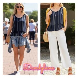 Lc Lauren Conrad  Navy Striped Stitched Peplum Tank  Size XL( NWOT)`